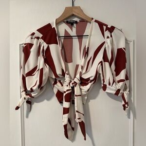 Express Brown & Cream Patterned Front Tie 3/4 Sleeve Crop Top - Size XS